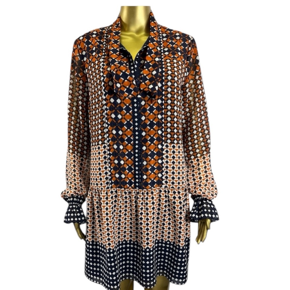 Cynthia Steffe Tie Neck Dress Size 8 Geometric Print Poet Sleeve Pullover